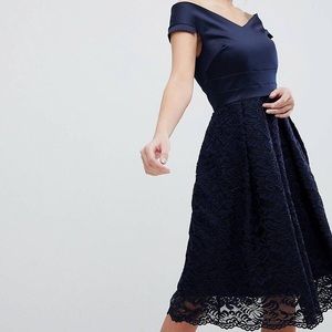 VESPER Navy Blue lined Lace Bardot Skater Dress Sz 12 runs small 8